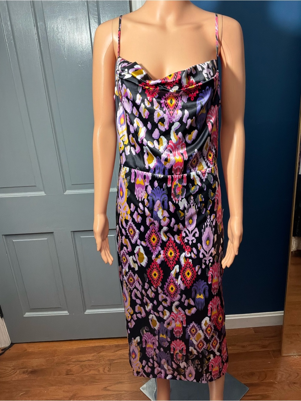 VENUS Black Multicolor Cowl Neck Midi Slip Dress